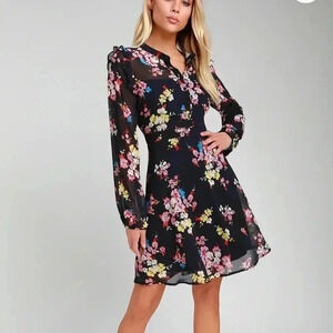 LULUS In The Flowers Navy Blue Floral Print Long Sleeve Skater Dress Size S